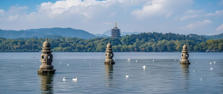 Landscape of Hangzhou West Lake with pagoda and seagullsの素材