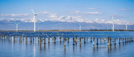 Solar panels and wind turbines in a row with snow capped mountains in the backgroundの素材