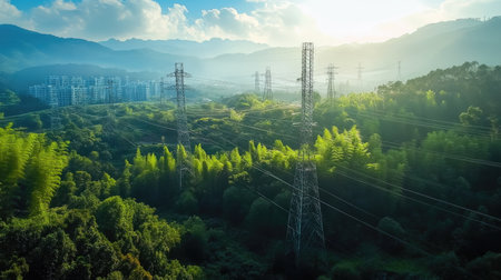 High-voltage power lines in the forest. Beautiful landscape with high-voltage lines.の素材