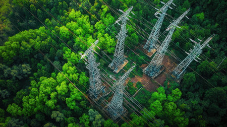 High voltage pylons in green forest. Aerial view of high-voltage power lines.の素材