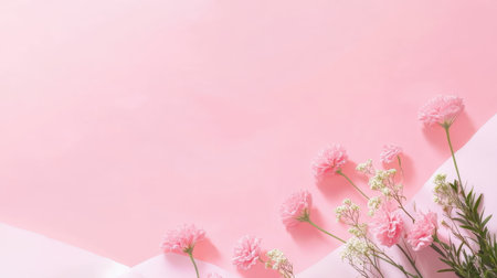 Flowers composition. Pink carnation on pastel pink background. Flat lay, top view, copy spaceの素材