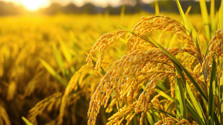 Rice field at sunset, closeup of yellow rice ears.の素材