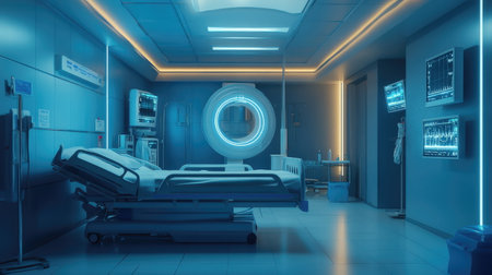3D rendering of a medical room with a bed and a monitorの素材