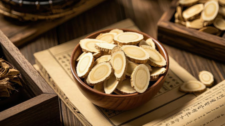Sliced ginger in a wooden bowl on a wooden table.の素材