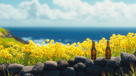 Yellow flowers with ocean backgroundの素材
