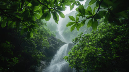 Green forest with waterfallの素材