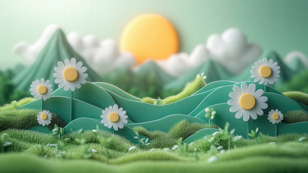 Cartoon landscape with sun and flowersの素材