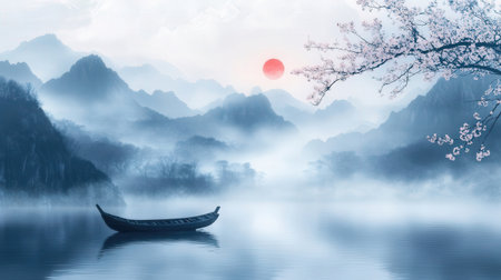 Foggy landscape with bamboo boat and cherry blossom trees.の素材