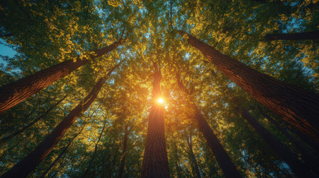 Sunrise in the forest. Panoramic view of the treesの素材