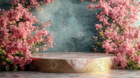 Pink cherry blossom with marble platformの素材