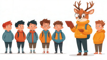 Cartoon students with deerの素材