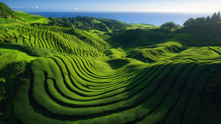 Green tea plantation with mountainsの素材