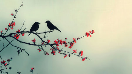 Two birds with red plum blossomの素材