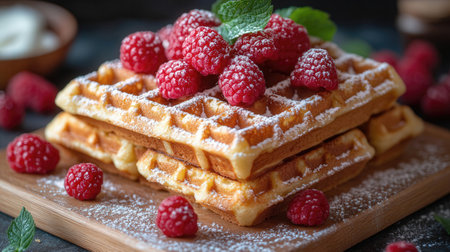 Stack of waffles with raspberriesの素材