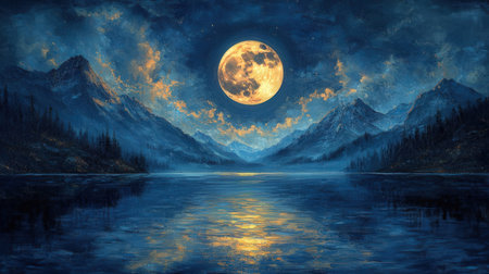 Moonlit lake landscape with full moonの素材