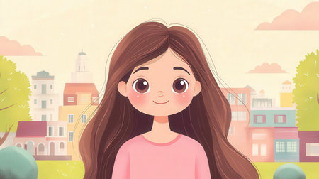 Cute little girl with long hair in the city. Vector illustration.の素材