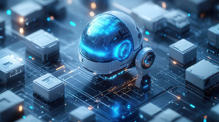 Blue robot with digital backgroundの素材