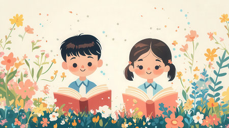 Cartoon students with booksの素材