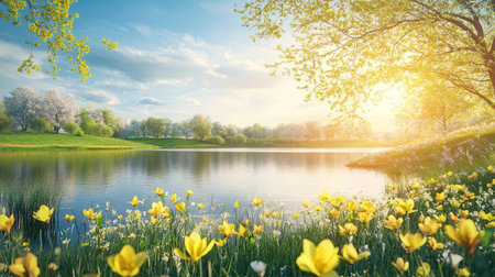 Green meadow with yellow flowersの素材