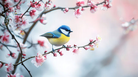 Blue bird with pink cherry blossomの素材