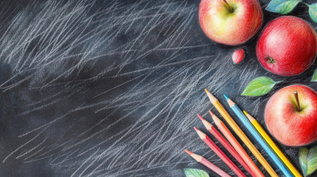 Red apples and colored pencils with furry backgroundの素材