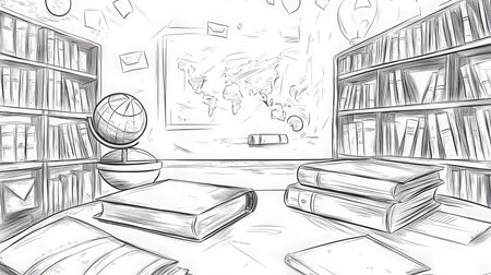 Black and white library sketch with minimalist styleの素材
