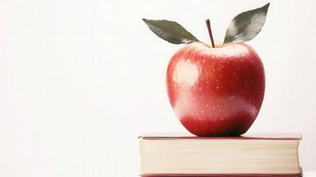 Red apple with book on white backgroundの素材