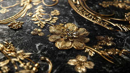 Black marble with gold floral patternの素材