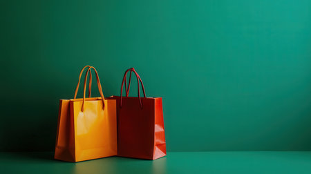 Orange shopping bags with green backgroundの素材