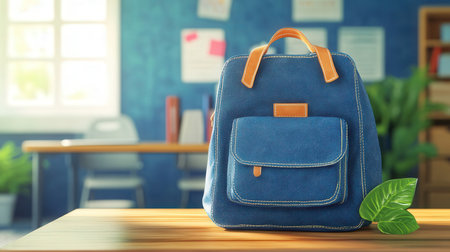 Blue backpack with classroom backgroundの素材