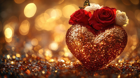 Red heart with roses and glitterの素材