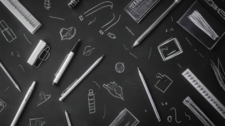 Black stationery pattern with various itemsの素材