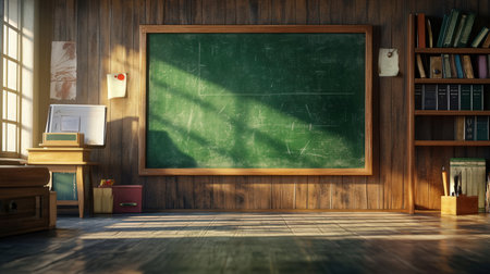 Classroom with chalkboard and booksの素材