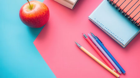 Red apple with pencils and notebookの素材