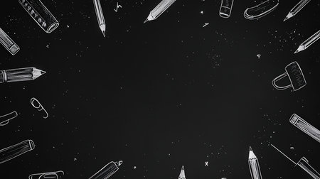 Black stationery pattern with various itemsの素材