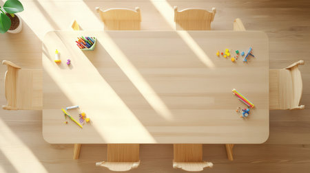 Wooden table with stationery and toysの素材