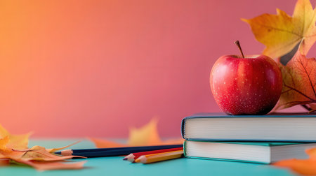 Red apple with books and orange backgroundの素材
