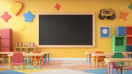 Classroom with colorful desksの素材