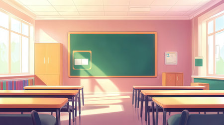 Classroom with pink walls and chalkboardの素材