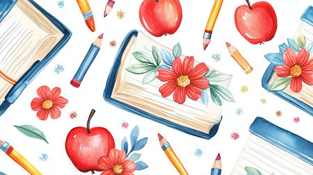 Back to School pattern with apples and stationeryの素材