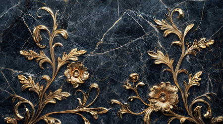 Black marble with gold floral patternの素材