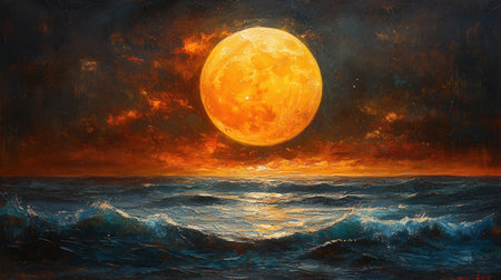 Moonlit ocean landscape with full moonの素材