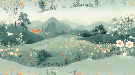 Green hills with landscape and flowersの素材