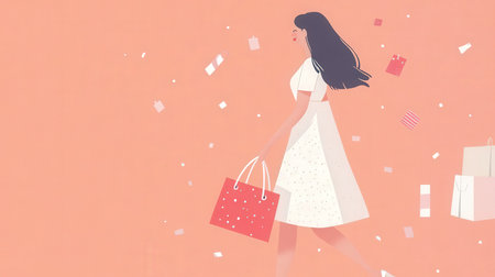 Woman with shopping bag and pink backgroundの素材