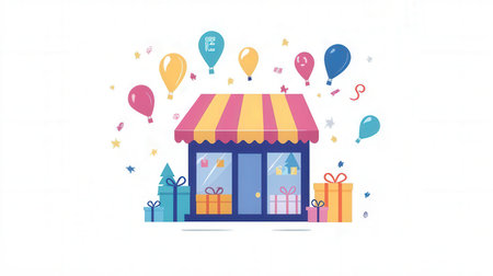 shopping scene with colorful storeの素材