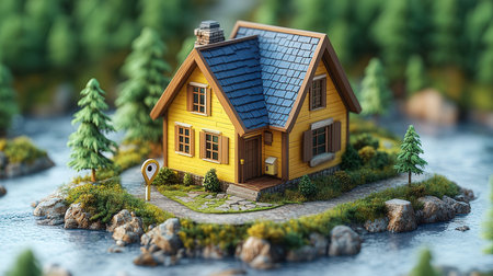 Miniature house with lake and treesの素材