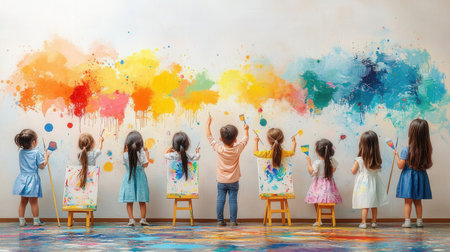 Cartoon students with paint backgroundの素材