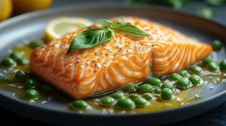 Grilled salmon with vegetablesの素材