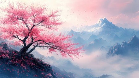 Mountain landscape with pink cherry blossomの素材