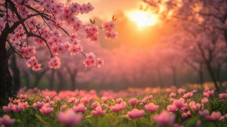 Pink cherry blossom with sunsetの素材